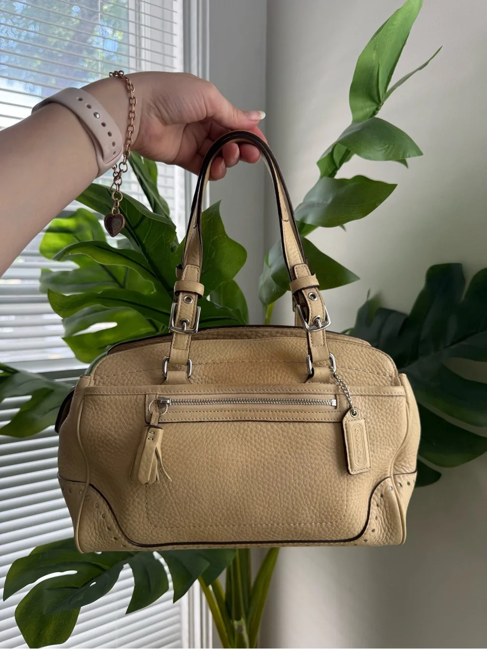 Coach Pebbled Leather Satchel in Beige with Dark Trim